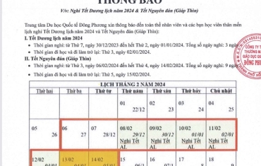 THÔNG BÁO LỊCH NGHỈ TẾT 2024